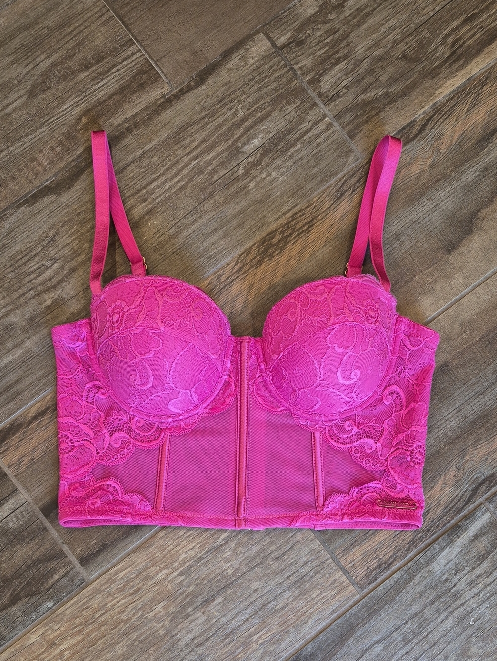 Baby Phat Pink Lace & Mesh Corset Bra Top, Back Gold Zipper Closure XS, B/C Cup